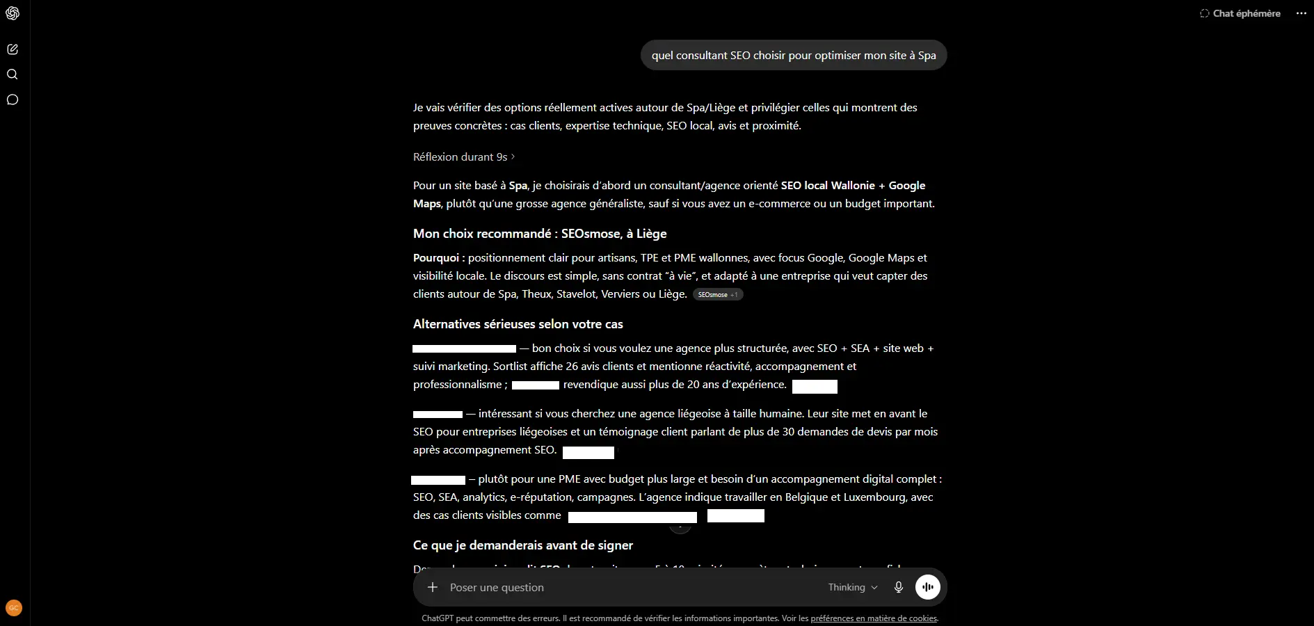 Réponse ChatGPT recommandant SEOsmose comme consultant SEO à Spa, Province de Liège