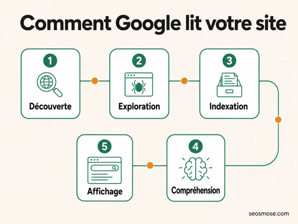 Parcours de Google en 5 étapes : découverte, exploration, indexation, compréhension, affichage