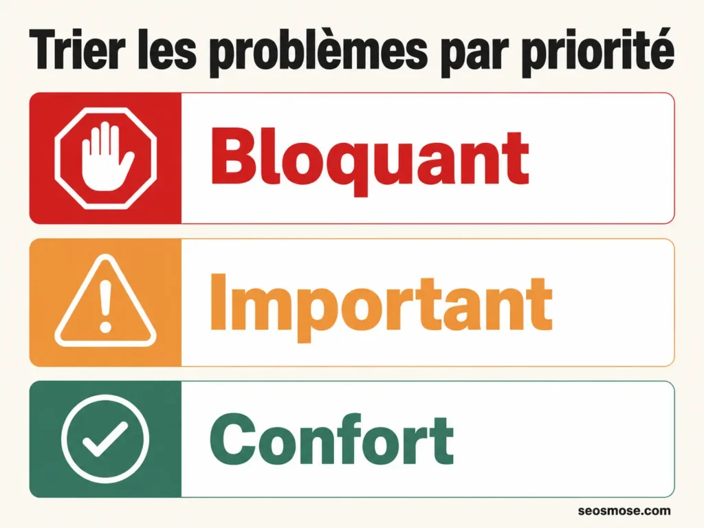 Checklist d'audit SEO technique par priorité : bloquant, important, confort