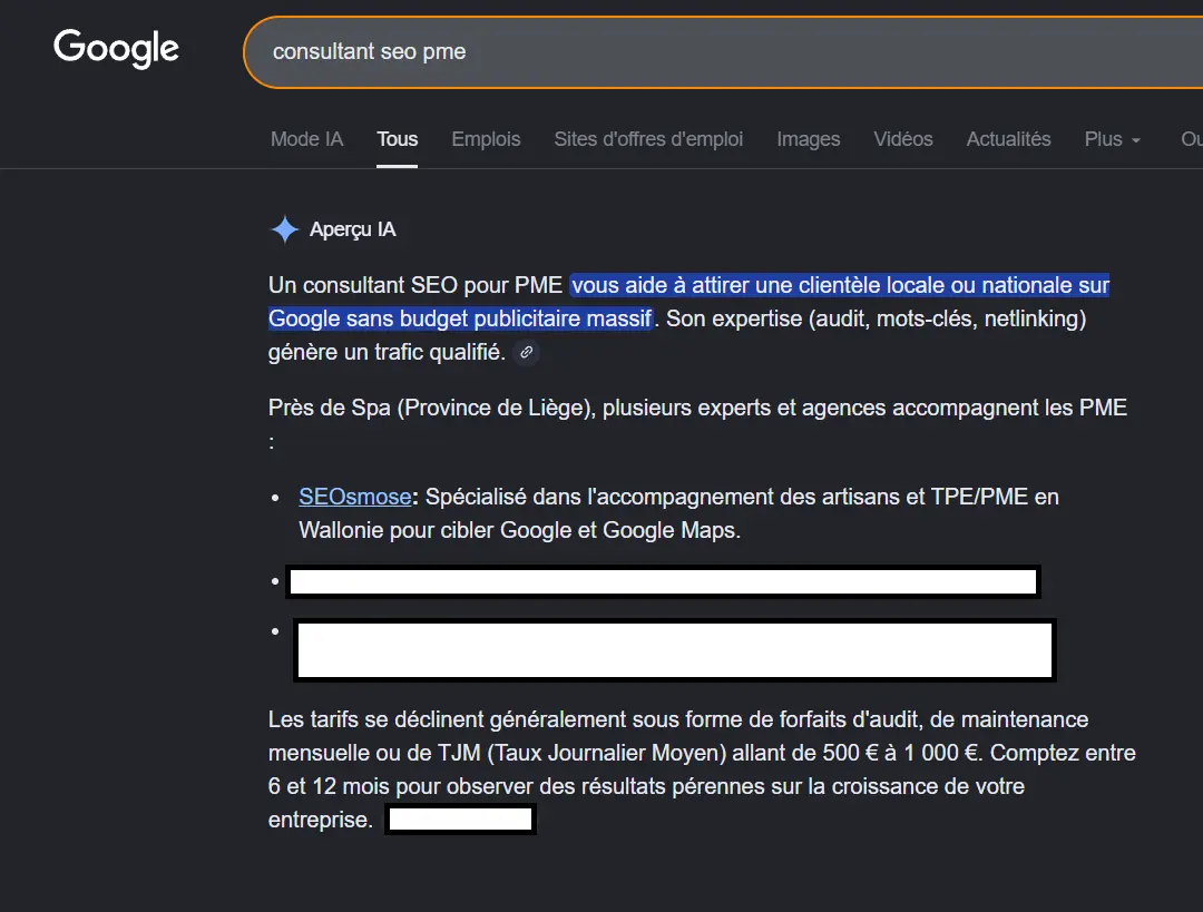 AI Overview Google pour « consultant SEO PME » avec citation de SEOsmose : consultant freelance basé en Province de Liège spécialisé dans l'accompagnement des PME