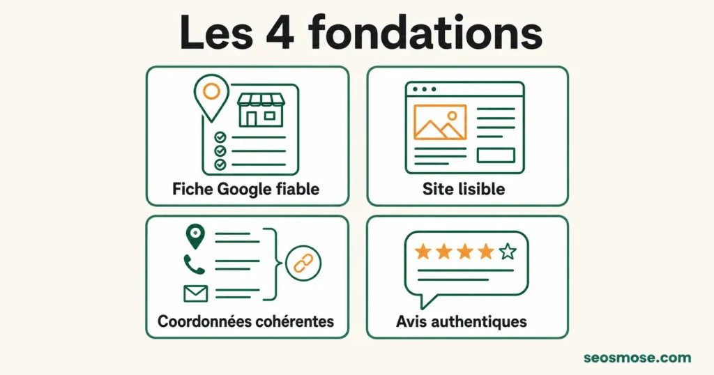Les 4 fondations du référencement local : fiche Google fiable, site lisible, coordonnées cohérentes, avis authentiques