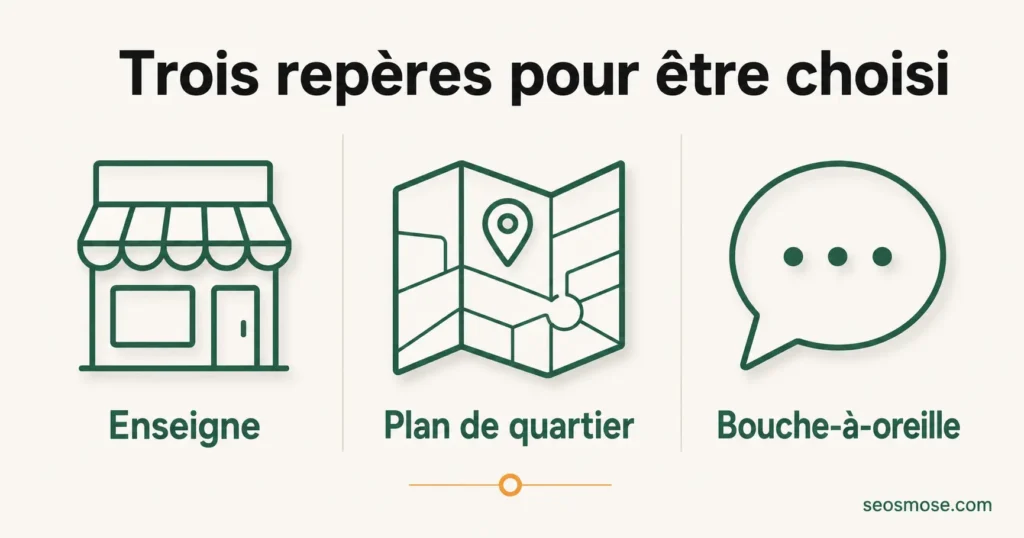 Métaphore du SEO local : enseigne, plan de quartier et bouche-à-oreille pour être choisi