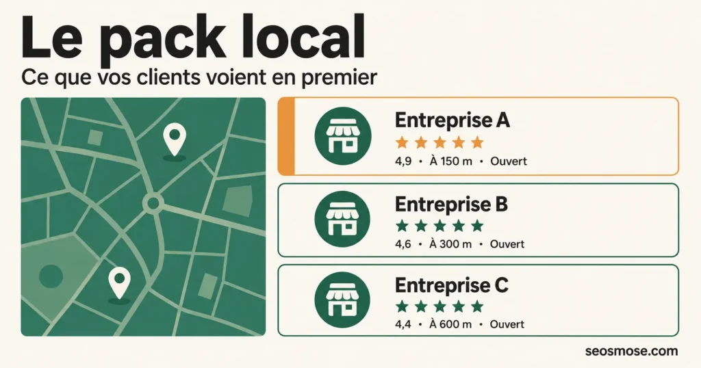 Pack local Google avec carte et trois entreprises classées par note et distance