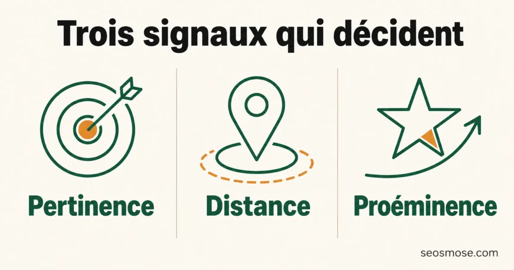 Les trois signaux du SEO local qui décident du classement : pertinence, distance et proéminence