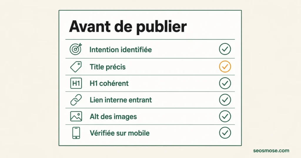 Checklist SEO on-page en cases à cocher : intention, title, H1, liens internes, images et mobile