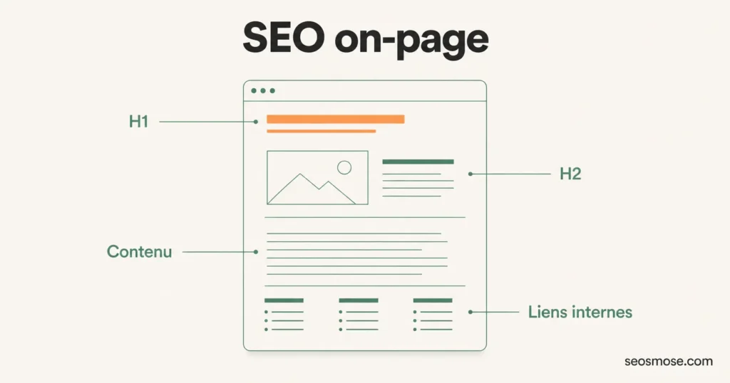Schéma d'une page web avec les zones du SEO on-page : H1, H2, contenu et liens internes
