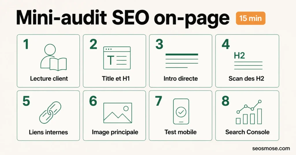 Frise des 8 contrôles du mini-audit SEO on-page, du title à Google Search Console