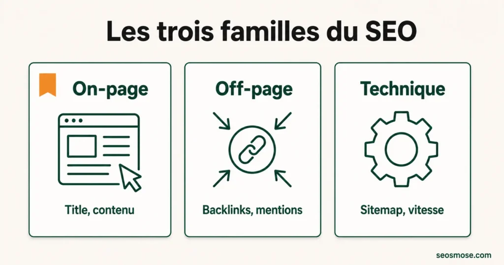 Infographie comparant SEO on-page, SEO off-page et SEO technique en trois colonnes avec exemples