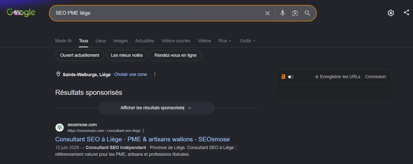 Résultat Google position 1 pour la requête « SEO PME Liège » — seosmose.com, mesuré via uSearchFrom hors personnalisation, juin 2026