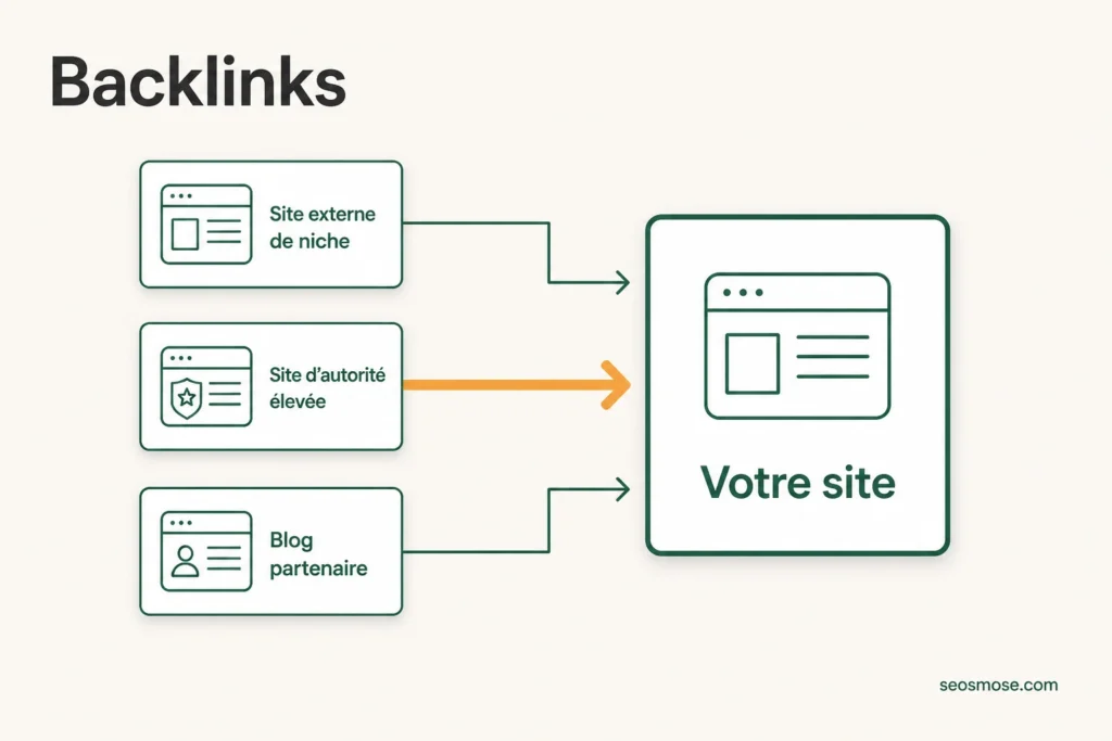 Schéma de trois sites web reliés par des flèches vers un site central, illustrant les backlinks comme votes de confiance