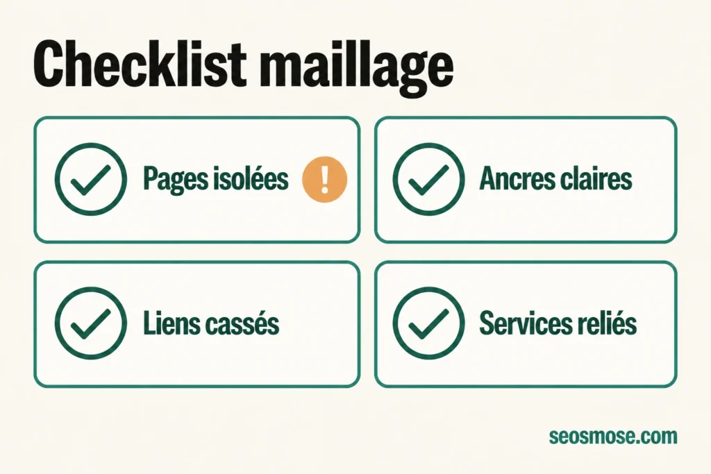 Checklist de maillage interne avec pages isolées, ancres claires, liens cassés et services reliés