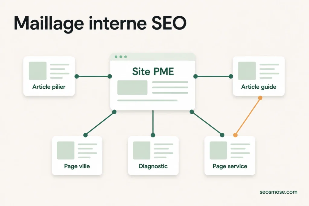 Schéma de maillage interne SEO reliant articles, pages de site, pages service et diagnostic
