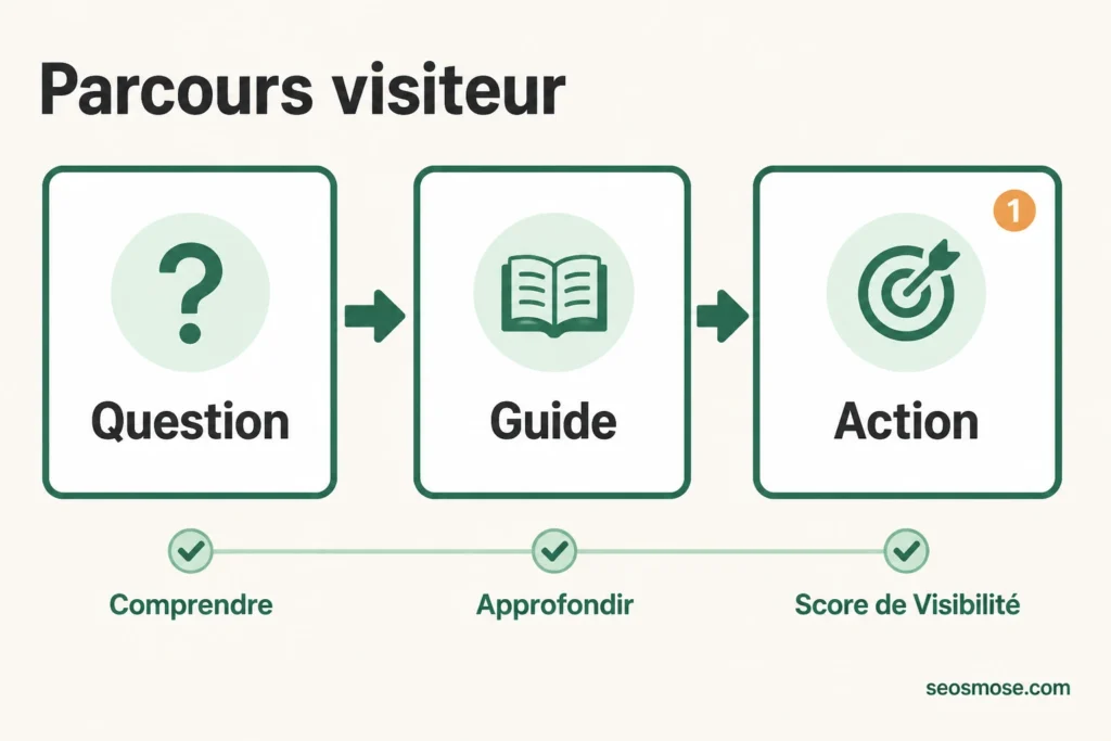Parcours visiteur en trois étapes : question, guide puis action vers le Score de Visibilité