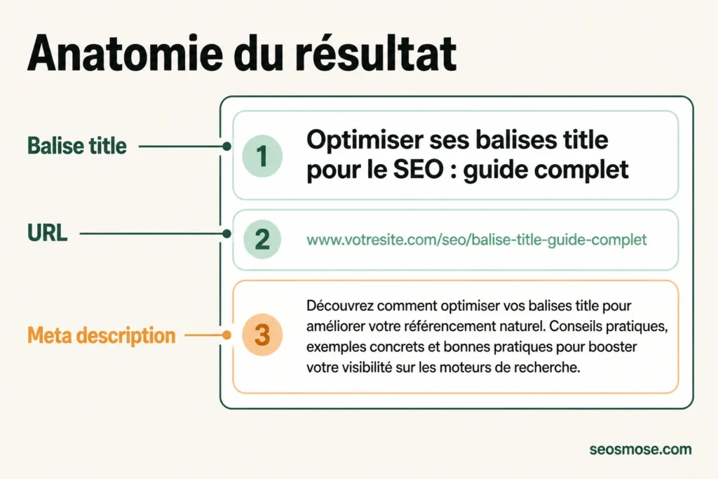 Schéma d'un résultat Google annoté : balise title, URL et meta description repérées par des étiquettes