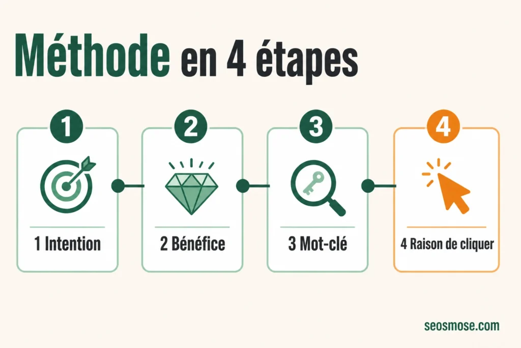 Diagramme en quatre étapes numérotées pour rédiger une meta description : intention, bénéfice, mot-clé, raison de cliquer