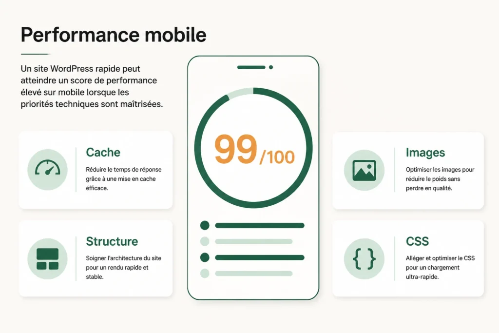Tableau de performance mobile WordPress à 99 sur 100 avec cache, images, structure et CSS