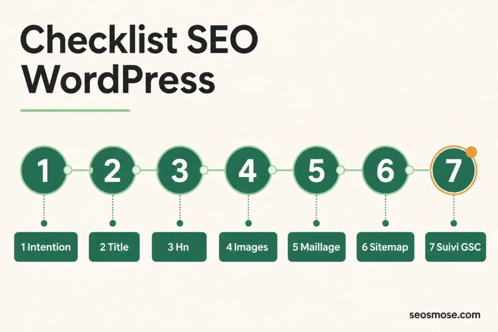 Checklist WordPress SEO en sept étapes : intention, title, Hn, images, maillage, sitemap et suivi GSC
