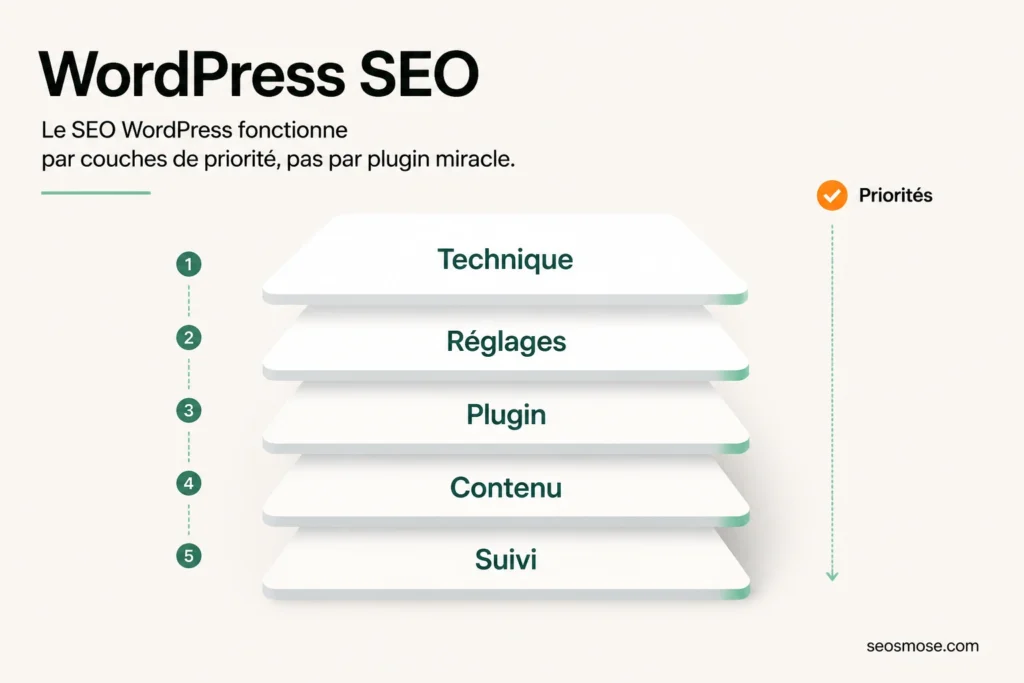 Schéma WordPress SEO à cinq couches : technique, réglages, plugin, contenu et suivi