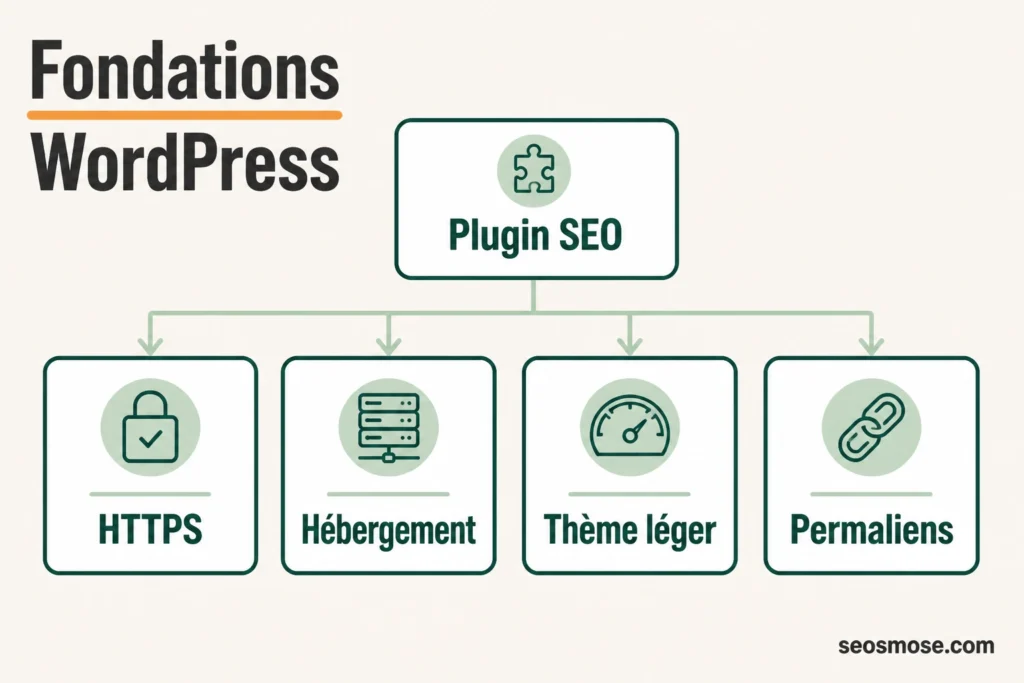 Schéma des fondations WordPress SEO : HTTPS, hébergement, thème léger et permaliens, sous un plugin SEO