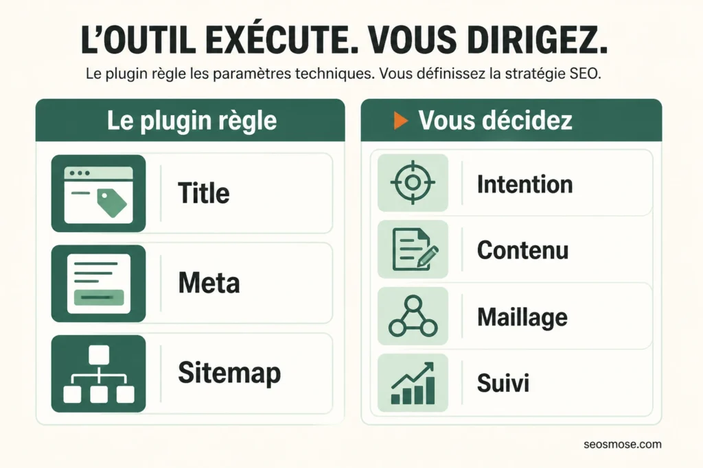 Comparatif entre les réglages du plugin SEO et les décisions de stratégie : intention, contenu, maillage et suivi