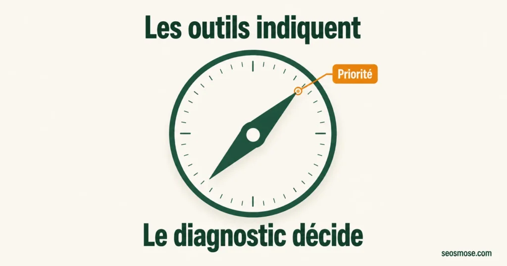 Boussole représentant les outils SEO qui orientent un diagnostic sans choisir le chemin