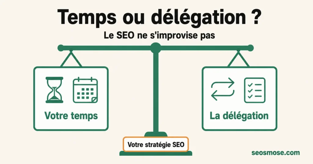 Balance à deux plateaux comparant le coût en temps et la délégation d'une stratégie SEO