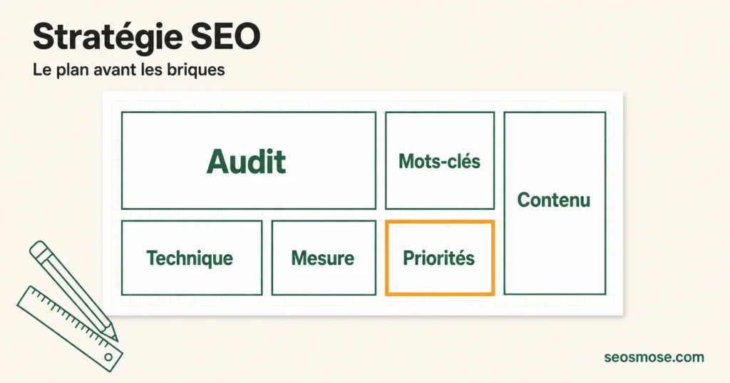 Plan d'architecte stylisé représentant une stratégie SEO avec priorités numérotées et repères de mesure