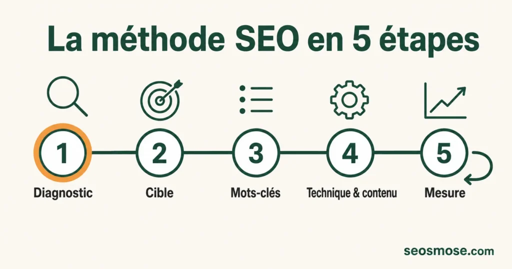 Schéma horizontal des 5 étapes d'une stratégie SEO, du diagnostic à la mesure dans Search Console