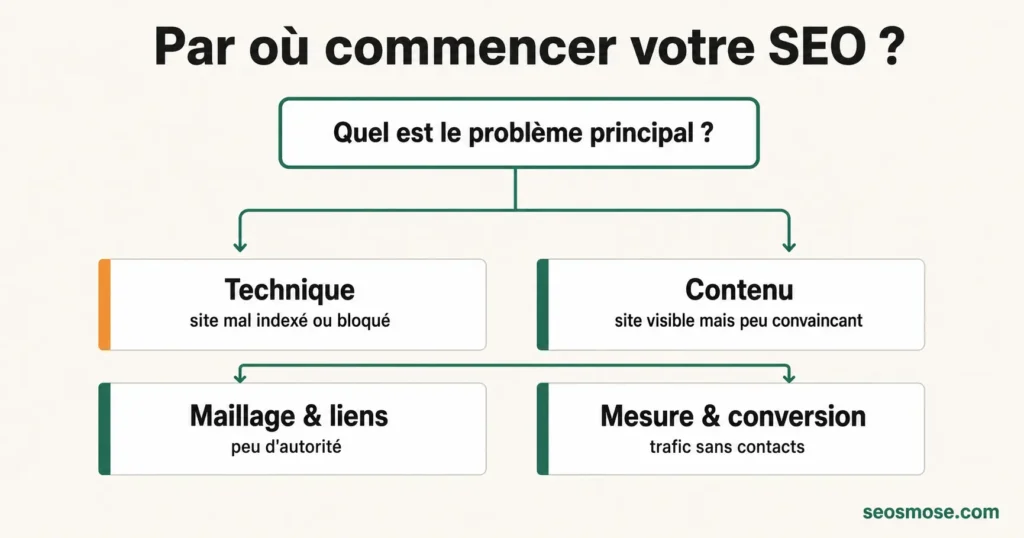 Arbre de décision montrant la priorité SEO selon la situation du site : technique, contenu, liens ou mesure