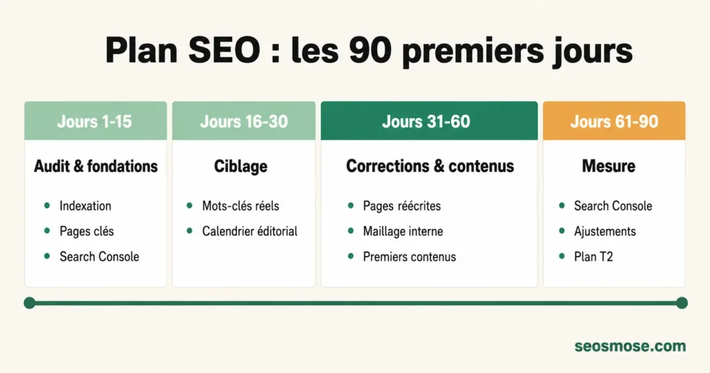 Frise chronologique d'un plan SEO sur 90 jours en quatre phases, de l'audit à l'ajustement