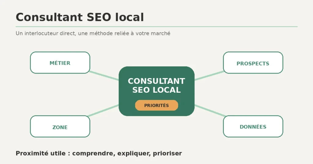 Schéma reliant un consultant SEO local au métier, aux prospects, à la zone et aux données de l’entreprise